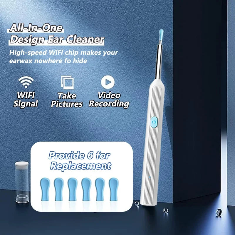 All-in-one design ear cleaner with replacement tips on a blue background