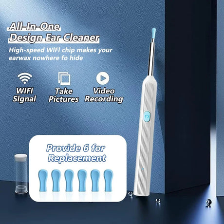 All-in-one design ear cleaner with replacement tips on a blue background
