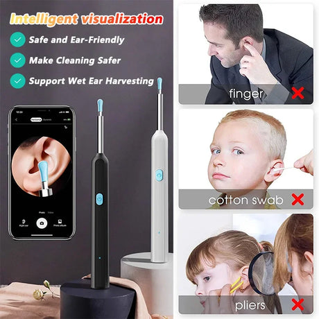 Ear cleaning tool with smartphone app, safe ear cleaning features, and usage scenarios.