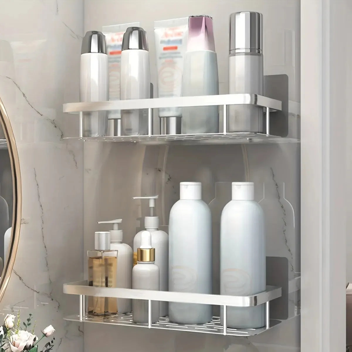 No-Drill Wall-Mount Bathroom Corner Shelf Shower Rack Organizer